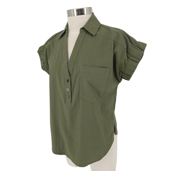 Veronica Beard Almera Shirt Olive Green Short Sleeve Collared Button VNeck Small - Picture 4 of 8
